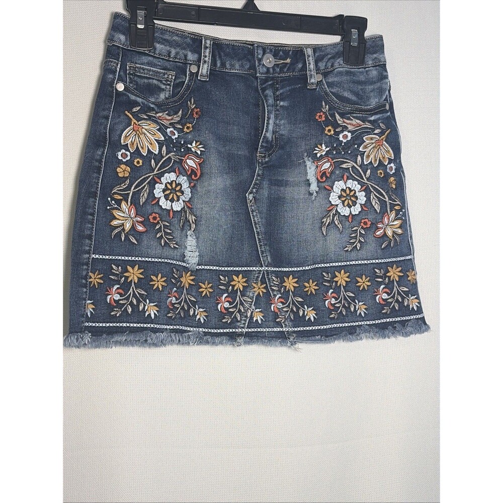 Altar’d State Womens XS Denim Mini Skirt Floral Embroidered Distressed